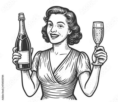 glamorous woman holding champagne and smiling, perfect for festive celebration or New Year themes sketch engraving generative ai fictional character vector illustration. Scratch board. Black and white