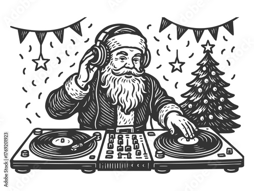 Santa Claus as a DJ mixing vinyl at a festive holiday party sketch engraving generative ai fictional character vector illustration. Scratch board imitation. Black and white image.