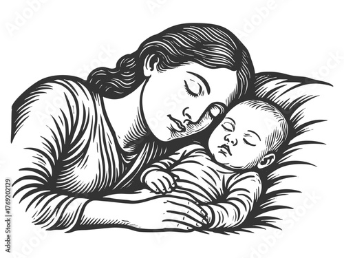 mother and baby sleeping side by side, capturing warmth, love, and restful connection sketch engraving generative ai fictional character vector illustration. Scratch board imitation. Black and white.