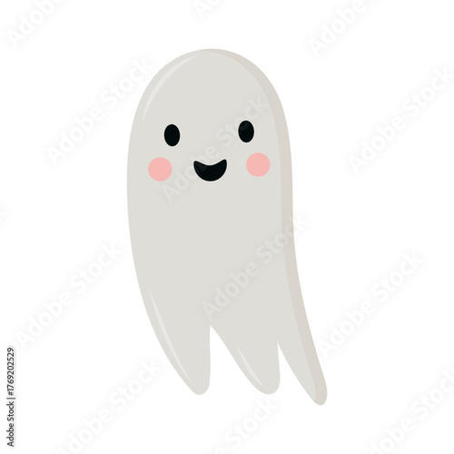 A cute, friendly white ghost character with rosy cheeks, smiling and waving