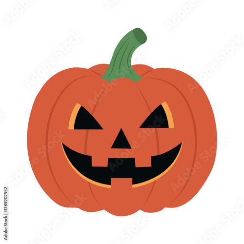 A cute Halloween pumpkin with carved features, smiling cheerfully