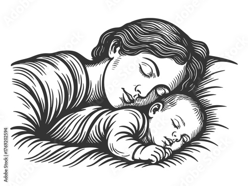 mother and baby sleeping side by side, capturing warmth, love, and restful connection sketch engraving generative ai fictional character vector illustration. Scratch board imitation. Black and white.