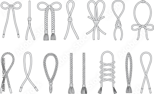 Rope lace bow vector set, braided cord illustration, fashion tie sketch, decorative knot outline, garment detail CAD design, textile accessory art