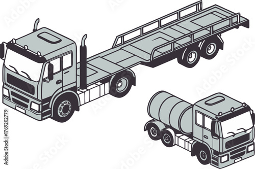 Flatbed semi trailer truck set, isometric vector design with blank trailer, top and side views, isolated on grey.