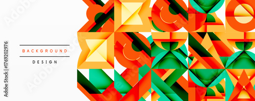 Abstract geometric shapes, vibrant colors, modern design. Orange, green, yellow elements create dynamic composition. Minimalist style.