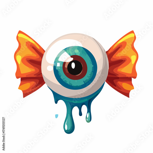 A cartoon illustration of a spooky eyeball candy with an orange wrapper, dripping blue goo.