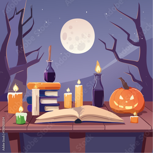 A magical scene with an open spellbook, candles, and a jack-o'-lantern under a full moon.