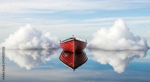 Surreal Red Rowboat Floating Tranquilly in Reflective Waters with Clouds Sky