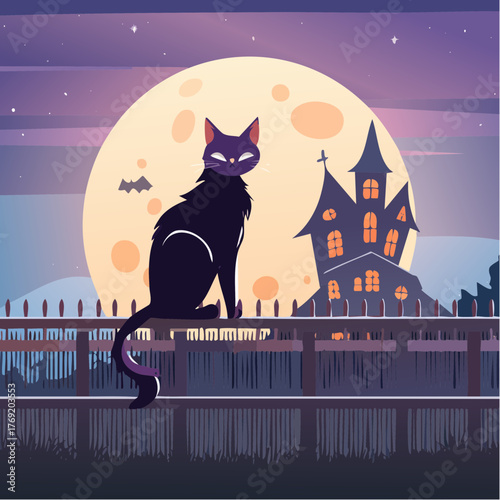 A black cat sits on a fence in front of a full moon and a haunted house on Halloween night.