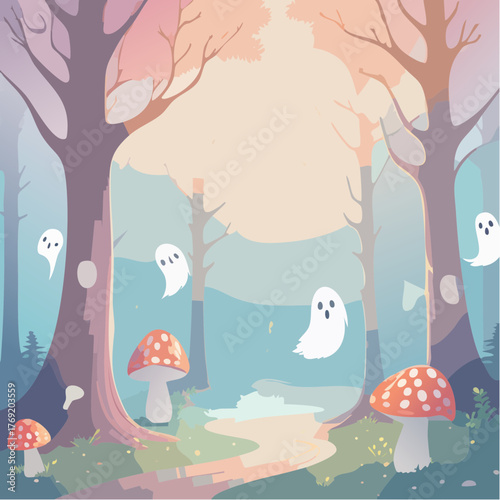 A whimsical enchanted forest scene with cute floating ghosts and red toadstool mushrooms.