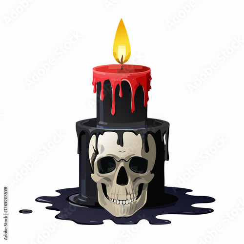 Gothic illustration of a burning black candle with a human skull, dripping red and black wax.