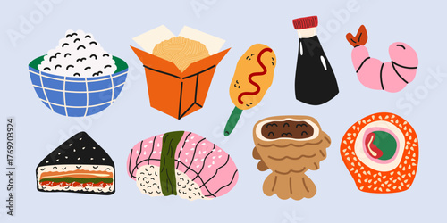 Asian street food cartoon stickers set in retro groovy style. Asian cuisine, traditional dishes, rice, noodles, sushi, seafood. Vector food illustrations