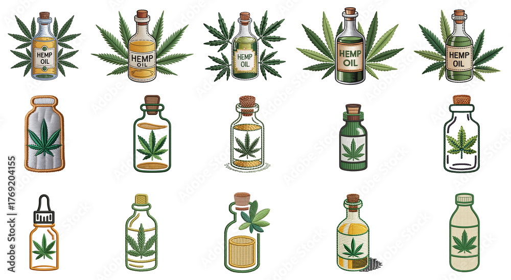 Fototapeta premium Hemp oil bottles collection artistic vector illustrations on on a transparent background