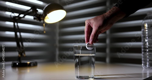 Man Pouring Medicine into Empty Glass on White Table Standing in Front of Roller Blinds in Dim Light 4K Slow Motion