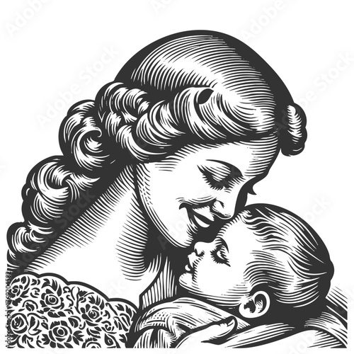 joyful mother embracing her sleeping child sketch engraving generative ai fictional character vector illustration. Scratch board imitation. Black and white image.