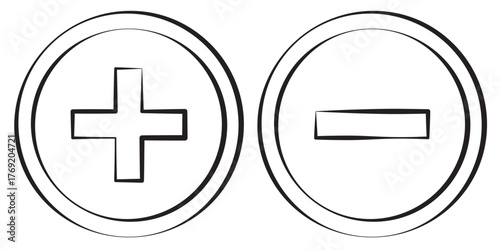 Plus and minus circular element icon symbols for basic math and simple graphic design elements illustration. Plus and minus sign addition subtraction math icon.