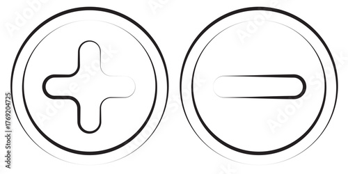 Plus and minus circular element icon symbols for basic math and simple graphic design elements illustration. Plus and minus sign addition subtraction math icon.