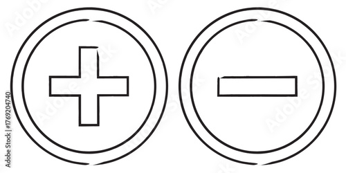 Plus and minus circular element icon symbols for basic math and simple graphic design elements illustration. Plus and minus sign addition subtraction math icon.