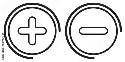 Plus and minus circular element icon symbols for basic math and simple graphic design elements illustration. Plus and minus sign addition subtraction math icon.