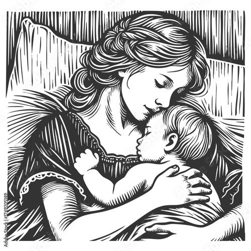 mother tenderly holding her sleeping child, capturing warmth, love, and peaceful rest sketch engraving generative ai fictional character vector illustration. Scratch board imitation. Black and white.