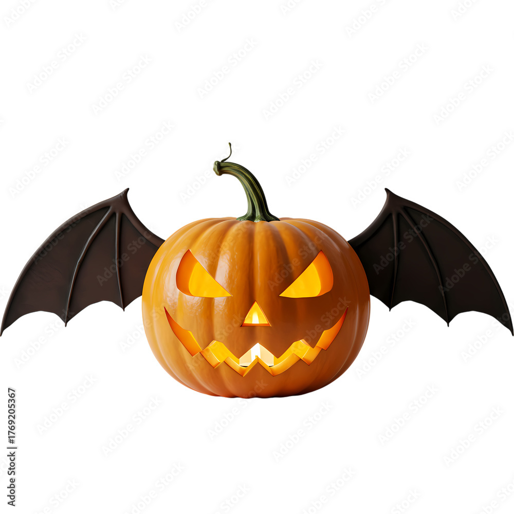Naklejka premium Glowing jacko'lantern with bat wings for halloween night on transparent background