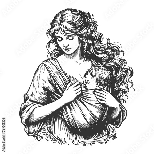 serene mother carrying her child in a sling, symbolizing love, care, and protection sketch engraving generative ai fictional character vector illustration. Scratch board imitation. Black and white.