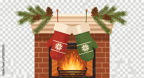 Hanging Christmas Mittens Above Fireplace, Festive Decor, Indoors, Transparent Background, Flat Vector Illustration Concept