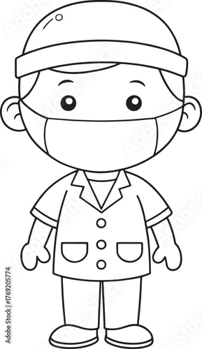 Cute cartoon medical professional wearing a mask and scrub top simple line art