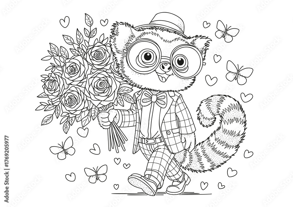Fototapeta premium A lemur wearing glasses, a suit, and a hat walks along holding a large bouquet of roses. This coloring page is for children and adults. Black and white illustration for coloring.