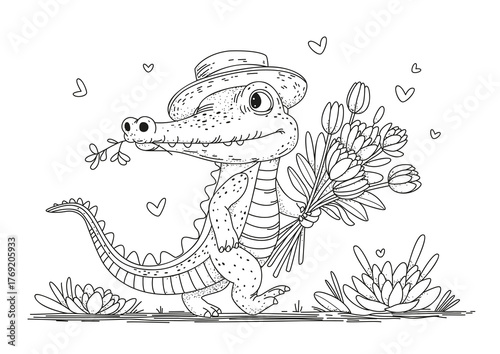 A cute crocodile wearing a hat walks along holding a large bouquet of tulips. Coloring page. Black and white illustration for coloring.