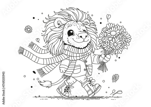 A cute lion walks along, dressed in autumn clothes, carrying a bouquet of flowers. This is a coloring page. Black and white illustration for coloring.