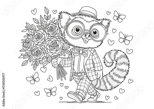 A lemur wearing glasses, a suit, and a hat walks along holding a large bouquet of roses. This coloring page is for children and adults. Black and white illustration for coloring.