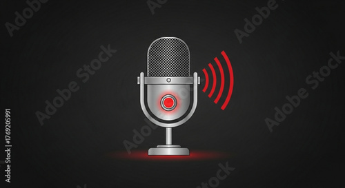 A vintage microphone with sound waves, capturing the essence of classic audio recording and broadcasting on a dark background