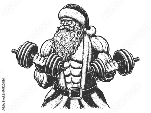 buff Santa Claus curling heavy dumbbells sketch engraving generative ai fictional character vector illustration. Scratch board imitation. Black and white image.