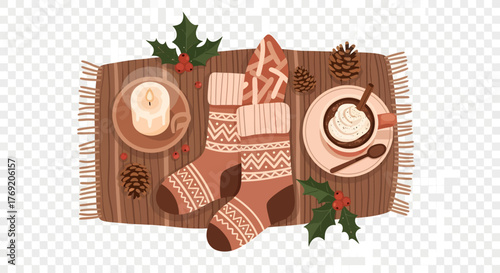 Cozy Home Interior with Hot Drink, Socks, and Candle, Flat Vector Illustration, Warm Tone, EPS, Tabletop View, Winter Concept