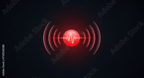 Red pulse signal with sound wave effect, representing audio recording, live broadcast, or emergency alert in a modern design
