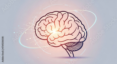 Stylized brain illustration with glowing light and orbiting lines, representing intelligence, innovation, and cognitive function in a modern design