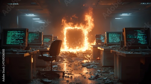 Powerful, dramatic photograph of a modern office in chaos, with computers and desks engulfed in flames, lines of glowing green code still visible.