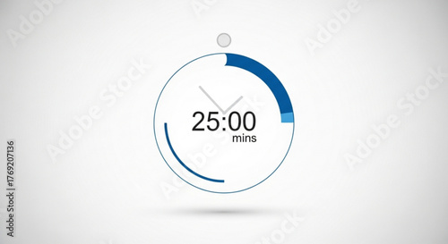 Timer icon countdown clock with 25 minutes remaining time management and productivity concept for work