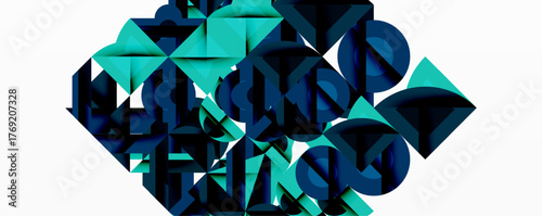 Abstract geometric shapes, teal and navy hues, complex composition. Minimalist design, modern aesthetic, digital illustration.