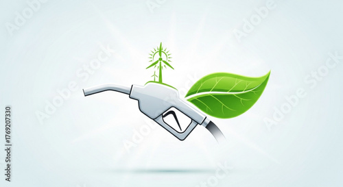 Ecofriendly fuel nozzle with leaf and wind turbine, representing green energy and sustainable transportation