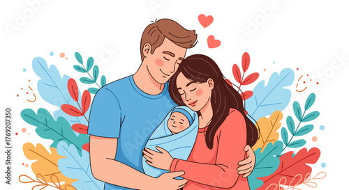 A Happy Family of Three, with Parents Cradling Their Newborn Baby Amidst Lush Foliage and Floral Accents