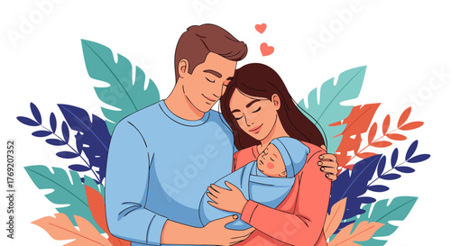 A loving family embracing their newborn baby, surrounded by vibrant leaves, showing affection and care