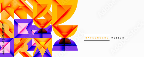 Abstract geometric shapes, vibrant colors, modern design. Orange, purple, yellow hues create dynamic composition. Minimalist style.