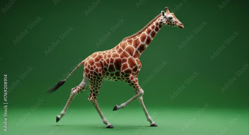 Obraz premium Graceful Giraffe Striding Confidently Across a Vibrant Green Background.