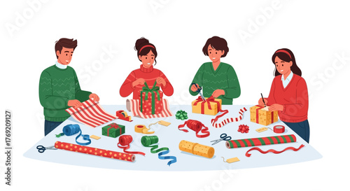 Festive Family Gathering Together Wrapping Christmas Gifts with Joy and Merriment