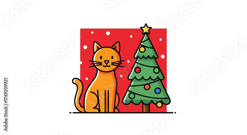 An adorable cartoon ginger cat sitting patiently next to a decorated festive Christmas tree, a charming holiday season vector illustration