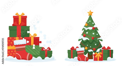 Delightful collection of festive Christmas gifts stacked beside cozy stockings and a beautifully decorated holiday tree, celebrating seasonal joy and giving