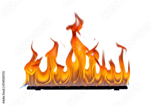 Isolated Bright flames in a fire, hot bonfire, intense and fierce glowing orange flames