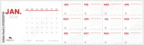 Modern 2026 desk calendar template for company. Monthly calendar layout for 2026. 2026 calendar template week start from sunday.